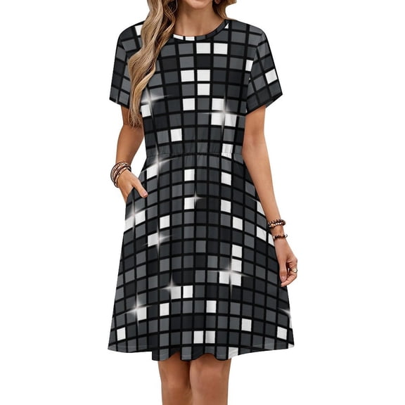 Black Diamond Disco Ball Glitter Sundress Short Sleeve Dress Summer Women Clothes Dress for Women Dresses