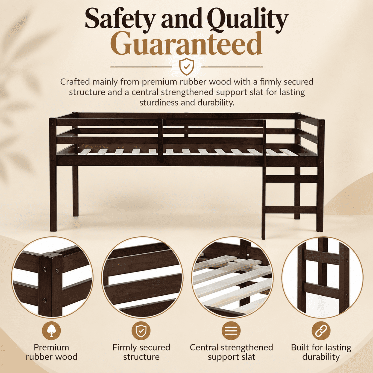 Miniyam Full Loft Bed for Kids, Solid Wood Frame with Ladder and Guardrails, Space-Saving Design, Espresso