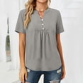thumbnail image 6 of Women's Solid Color Casual Button V-Neck Short Sleeve Loose Fit T-Shirt Top, 6 of 9