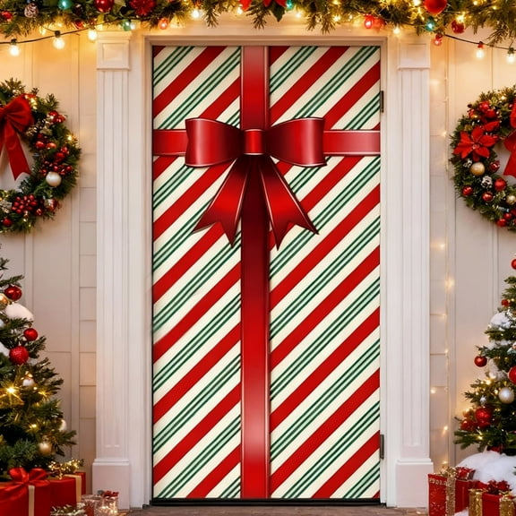 Oioii 35x71 Inch Christmas Door Cover Merry Christmas Photography Backdrop Christmas Bowknot Gift Box Door Hanging Banner Happy Holiday Decoration for Home Wall Outdoor Indoor Party Decoration