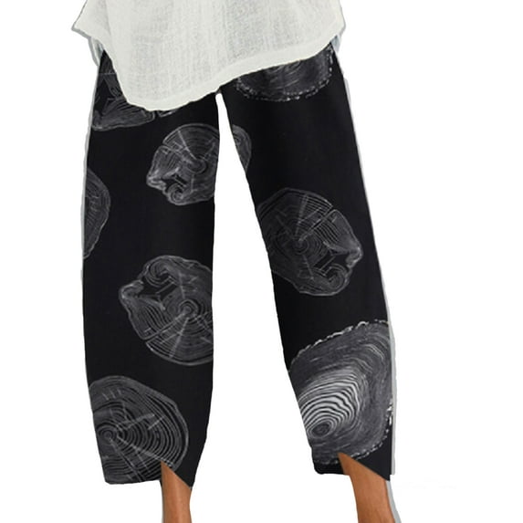 WISEFIN Women's Cotton Linen Floral Printed Mid Waist Relaxed Fit Casual Pants Trousers