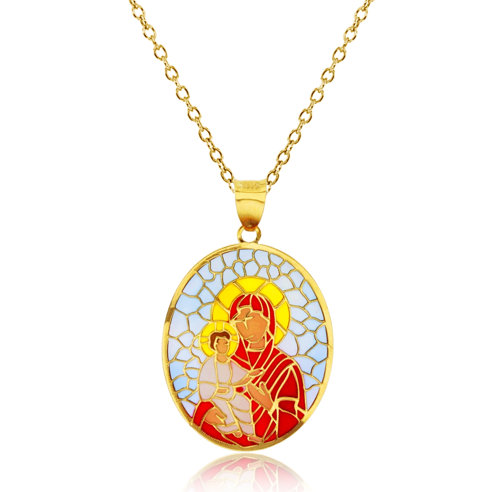 Decadence 14K Yellow Gold Solid Enamel Mosaic Virgin Mary & Baby
