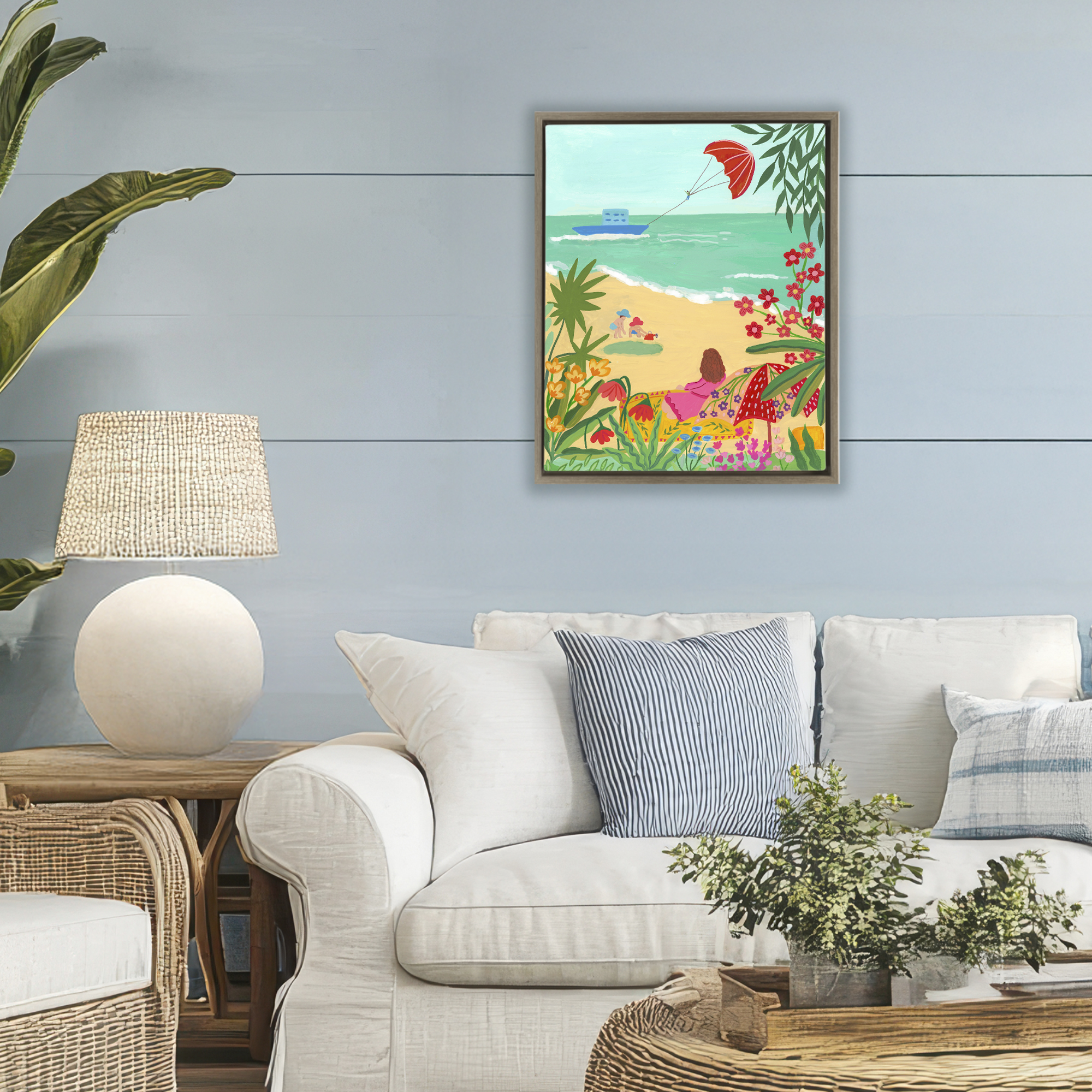 Beach And Flowers View Brown Framed Floater Canvas Wall Art, design by Nabeela Rumi