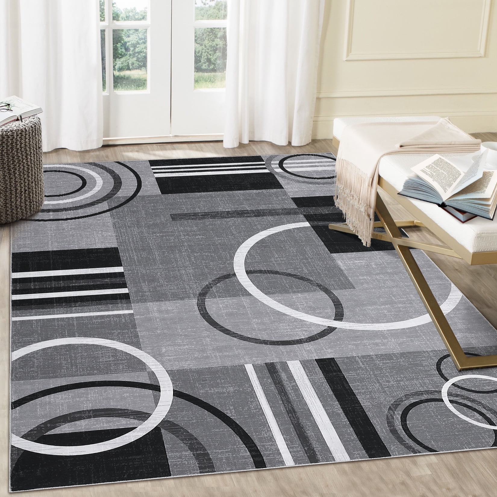 FairOnly 10'x13' Grey Living Room Machine Washable Area Rugs Contemporary Circle Print Ultra-Thin Rugs for Home Office Family Room Carpet