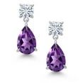 thumbnail image 3 of Gem Stone King 925 Sterling Silver Purple Amethyst and White Moissanite Teardrop Dangle Drop Earrings for Women (6.90 Cttw, Gemstone Birthstone, Pear Shape 12x8MM, Round 6MM), 3 of 5