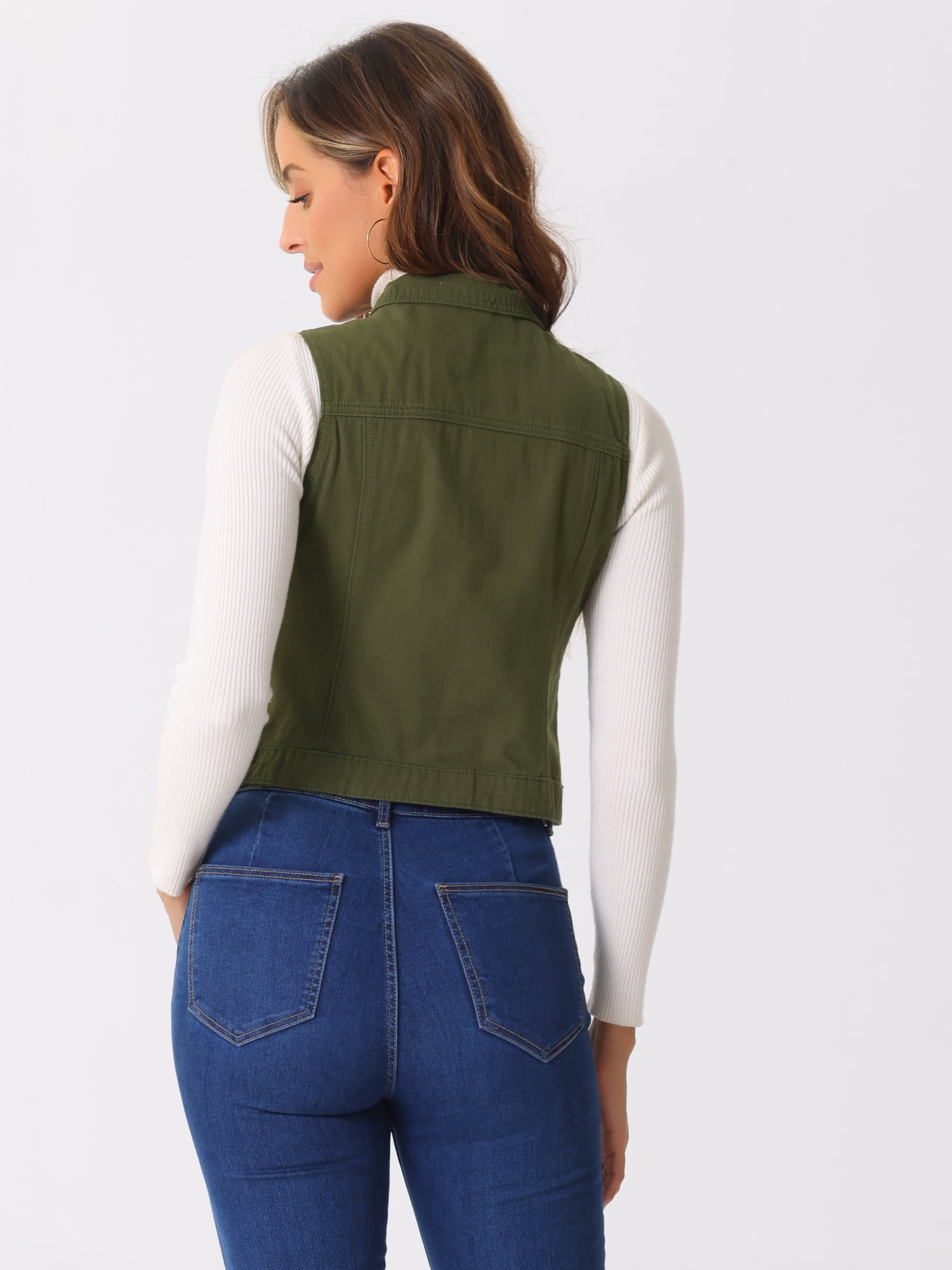 DARING DIVA Women's Denim Sleeveless Flap Pockets Vest Jacket S Army Green
