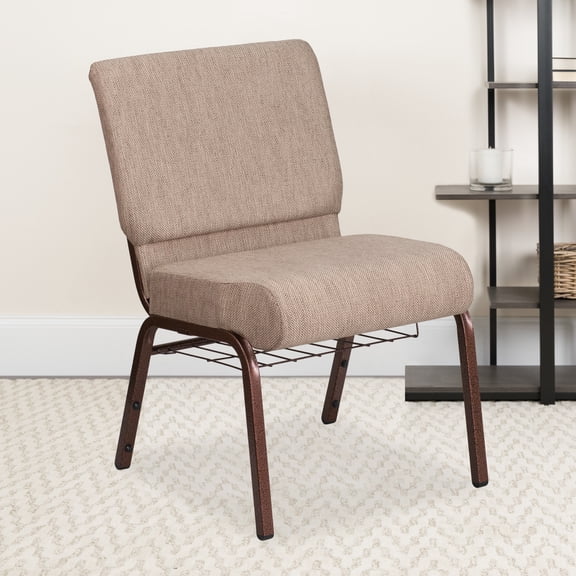 Emma   Oliver 21"W Stacking Church Chair in Beige Fabric - Copper Vein Frame