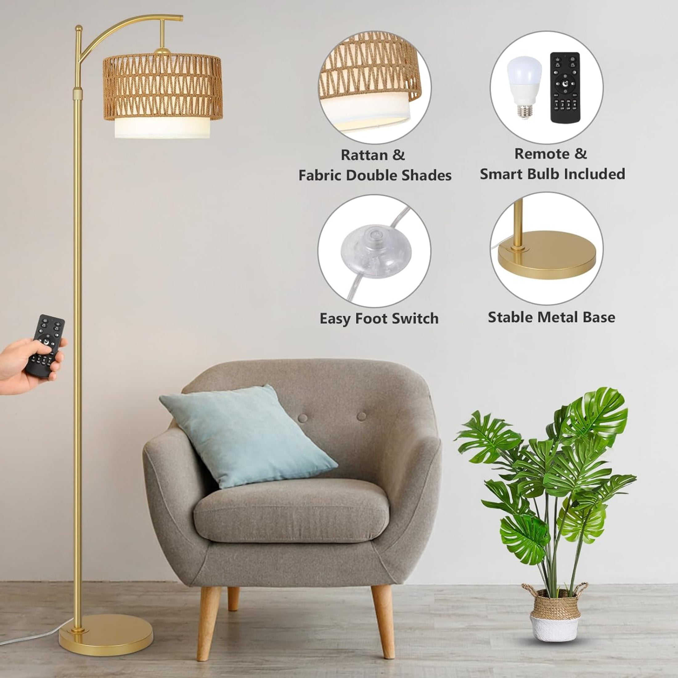 Noble House Modern Rattan Floor Lamp, Remote Dimmable, Adjustable Tall & Color Temperatures, Straight Drum Shade, Gold
