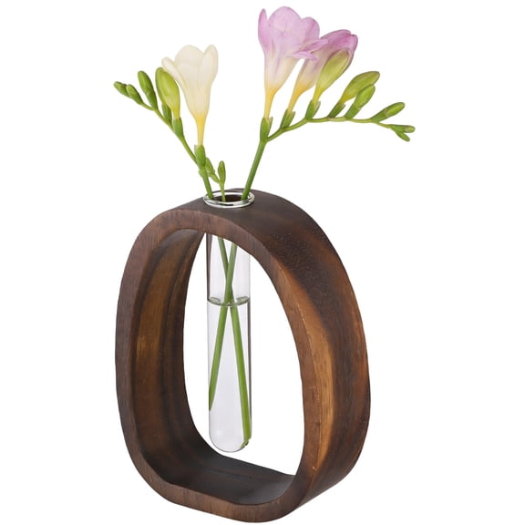 Walnut Wood Glass Test Tube Vase, Modern Hydroponic Planter for Fresh Cut Flowers, Stylish Desktop Plant Decor, Ideal Ornament for Office, Cafe, Bar, Restaurant and Home