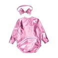 thumbnail image 4 of Hansber Toddler Baby Girls Shiny Metallic Long Sleeve Romper with Bow Headband for Birthday Party Outfit Pink 6-12M, 4 of 7