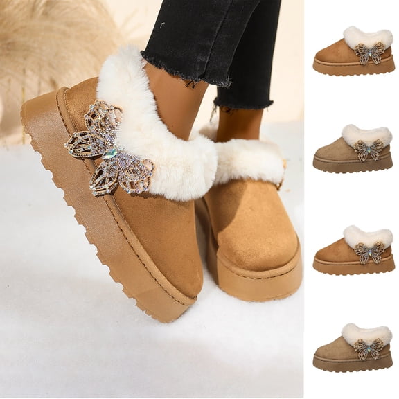 FRSASU Women's Butterfly Faux Fur Trim Platform Slip On Winter Boots Warm Lined Non Slip Closed Toe Ankle Booties Khaki