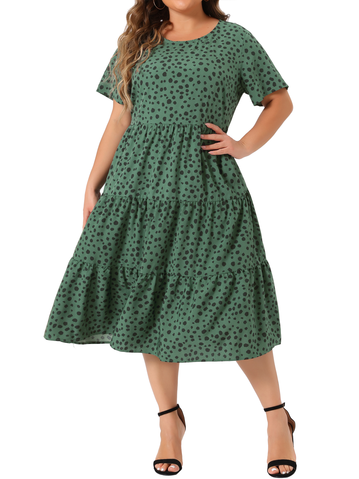 DARING DIVA Plus Size Tiered Polka Dots Midi Short Sleeve Babydoll Dress 1X Dark Green