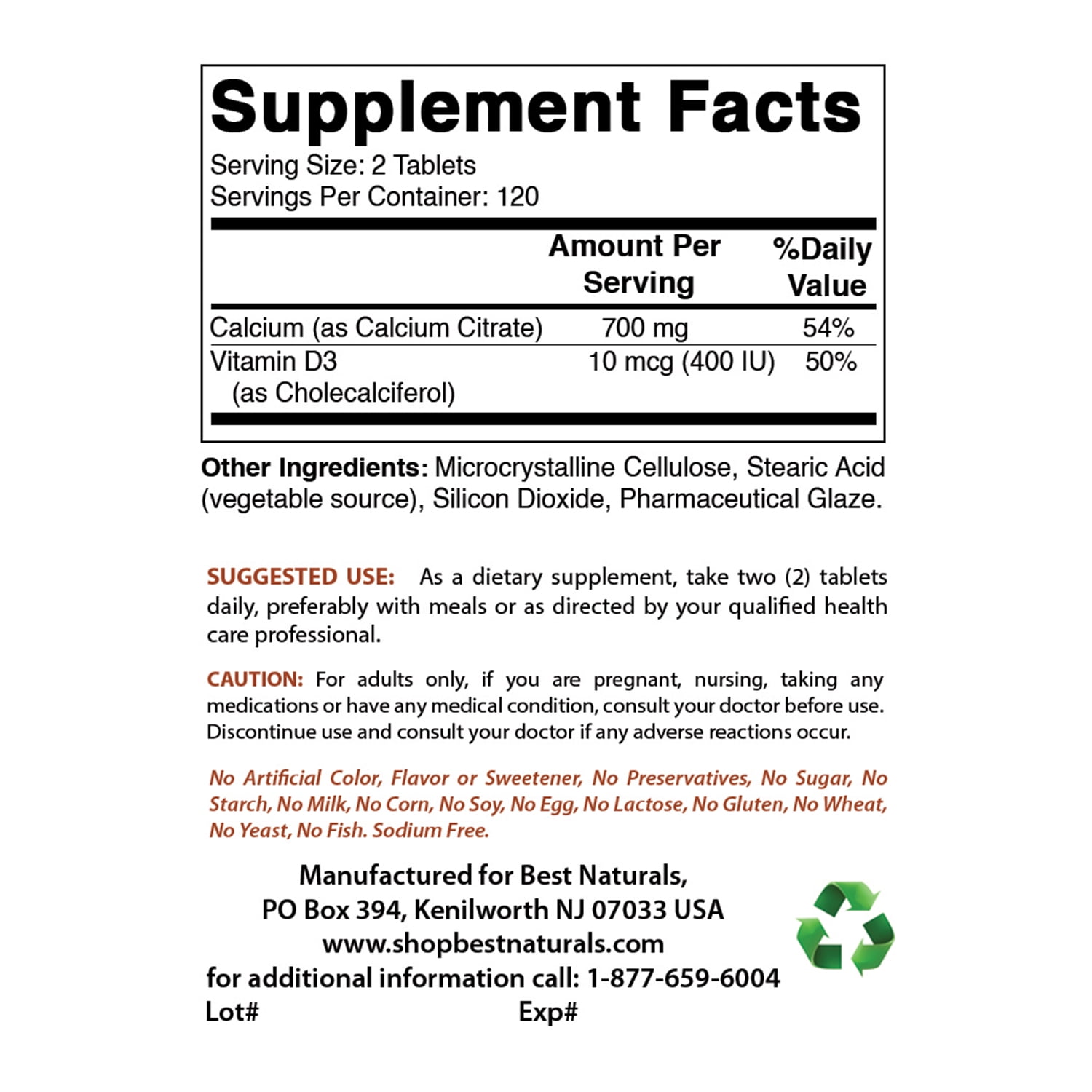 2 Pack Best Naturals Calcium Citrate with Vitamin D-3 240 Tablets