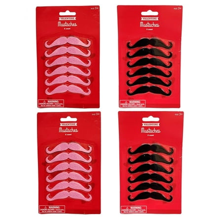 Valentine's Day 3.5 Inch Self Adhesive Handlebar Mustache Pink Black 24 Pack Assortment Synthetic Felt