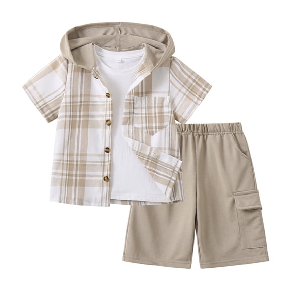 Fdqin Boys Shorts Sets 2Pcs Plaid Short Sleeve Hooded Button Shirt and Jogger Shorts Summer Outfits for Kids Apricot 7-8 Years