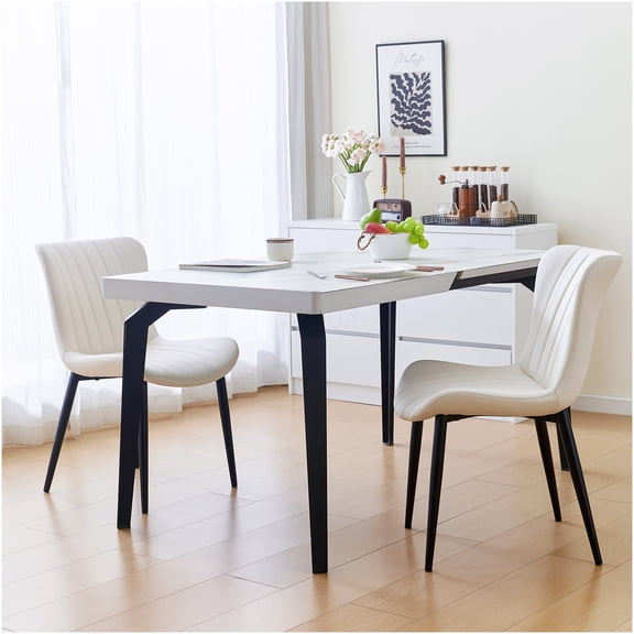 Set of 2 Cream White PU Leather Dining Chairs, Mid-Century Modern Kitchen Side Chairs for Dining Room Living Room
