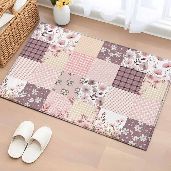 2x3 Ft Entryway Area Rug, Boho Spring Floral Kitchen Rug Runner Washable Floor Mat, Vintage Flowers Patchwork Plaid Pink Non Slip Indoor Door Mat Throw Carpet for Bathroom Living Room Bedroom