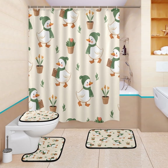 BZSMCE 4PCS Shower Curtain Set Bathroom Decorative Set-White Duck Green Scarf Potted Plant Pattern Pattern