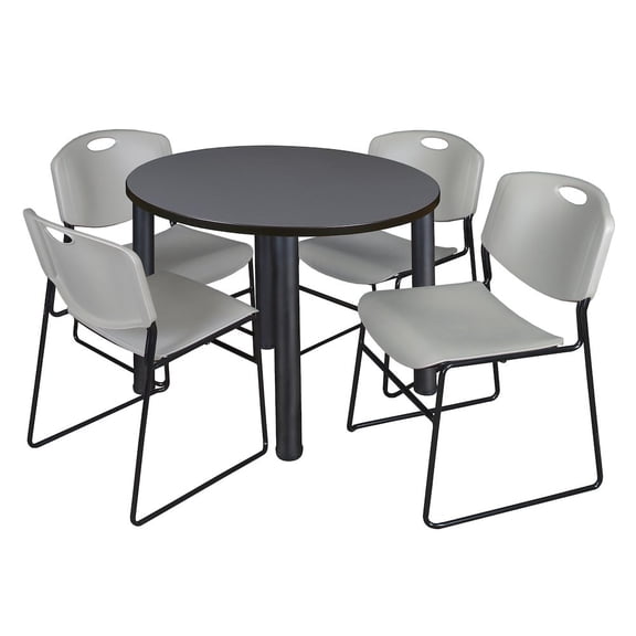 Regency 42 in Round Breakroom Table- Grey Top, Black Legs, 4 Zeng Stack Chairs- Grey