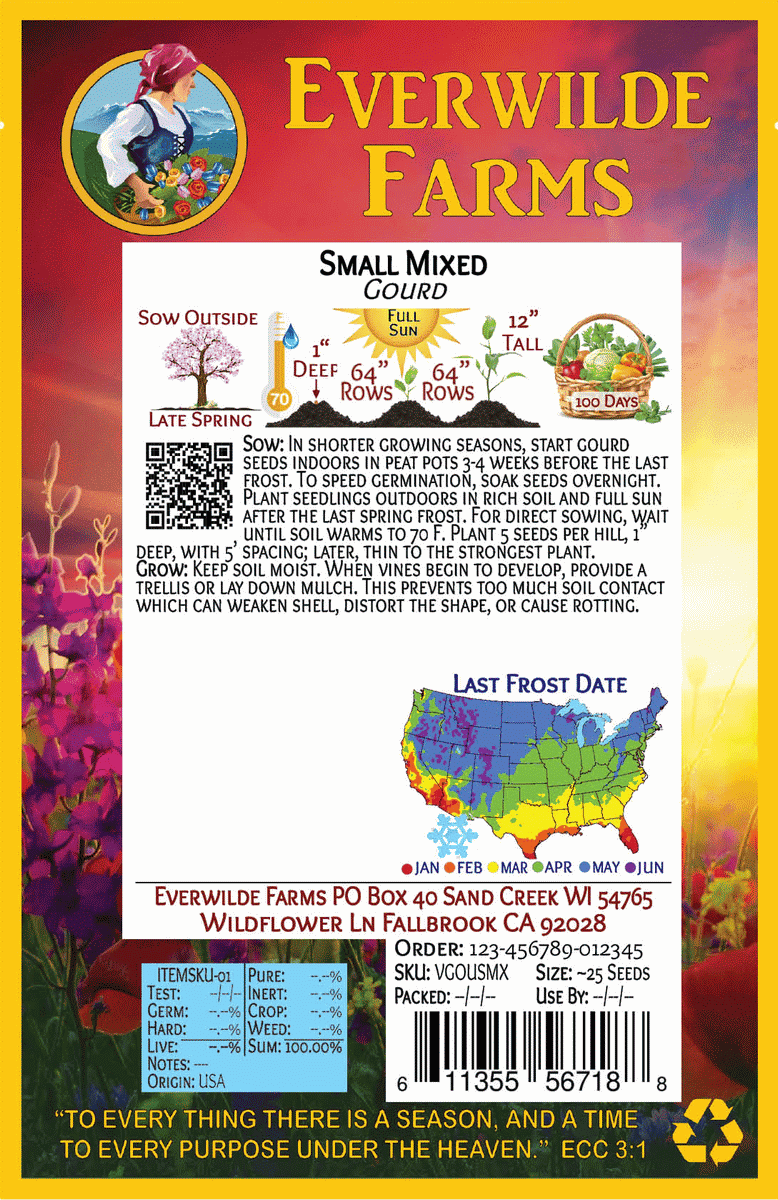 1//4 Lb Small Mixed Gourd Seeds Everwilde Farms Mylar Seed Packet