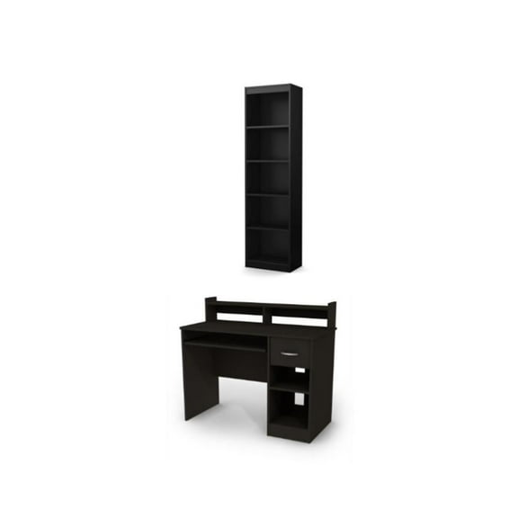 South Shore Axess Desk With Keyboard Tray and 5-Shelf Narrow Bookcase Set Black