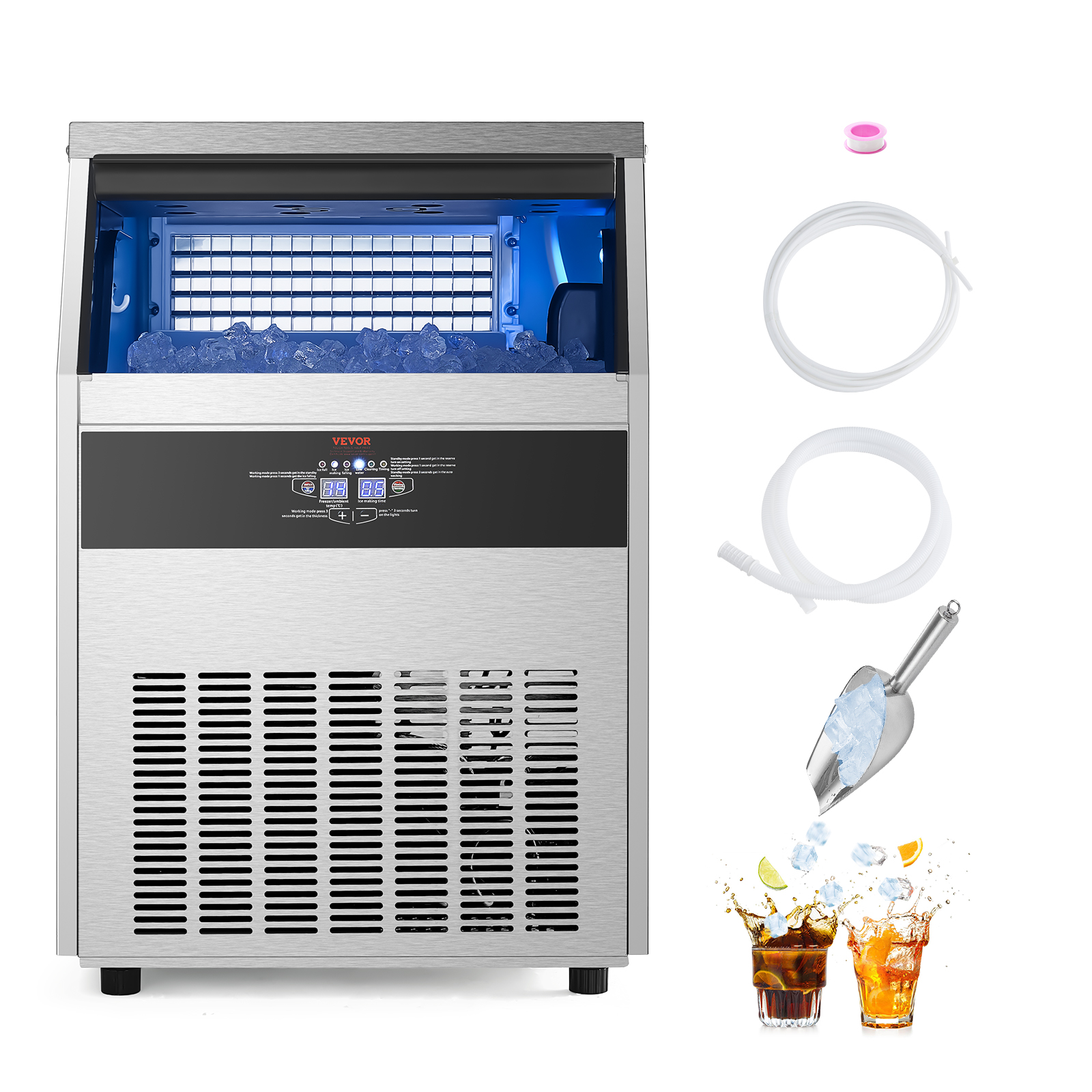 VEVOR Commercial Ice Maker Machine, 160lbs/24H Ice Maker Machine with 66lbs Storage Capacity, 80 Ice Cubes in 15 Minutes, LED Digital Display Freestanding Self-Cleaning