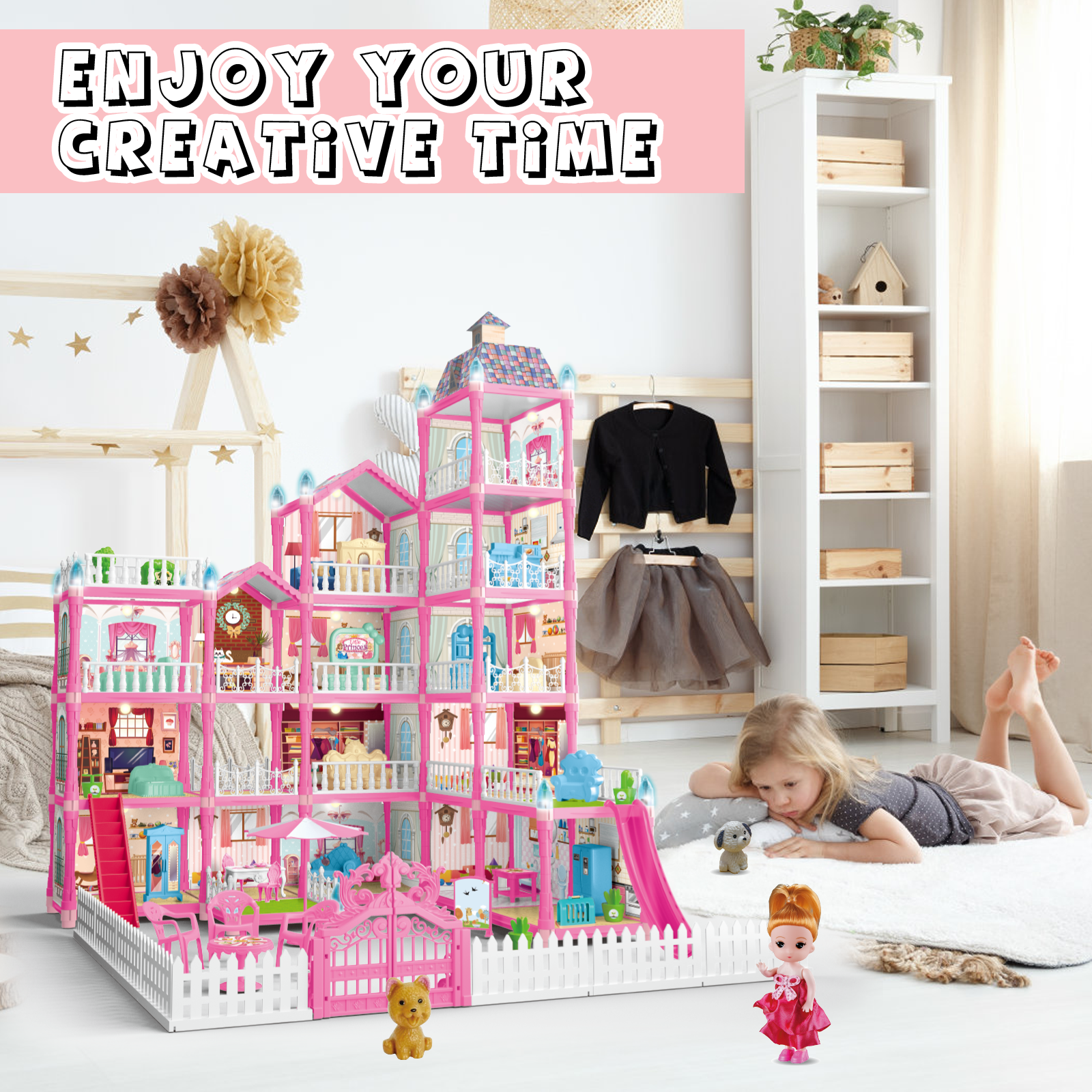 Carsky Rooms Pink DIY Dollhouse Building Playset with Lights photo 5