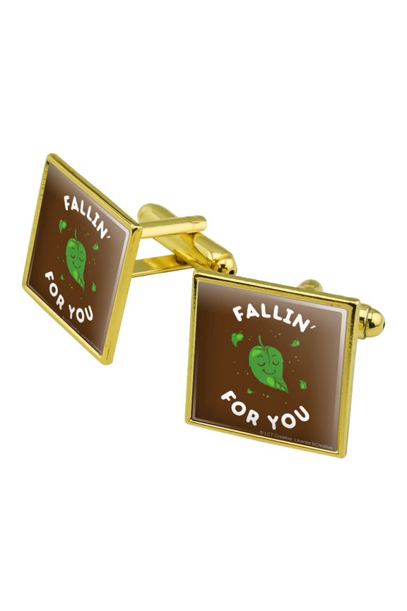 Fallin' For You Falling Leaves Leaf Love Funny Humor Square Cufflink Set - Silver or Gold