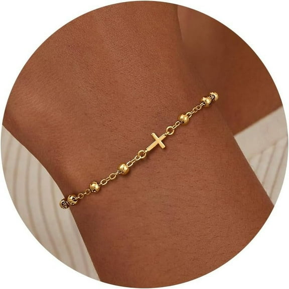 Gold Cross Bracelets for Women Trendy, Dainty 14K Gold Plated Cross Charm Rosary Beaded Bracelet CZ Chain Link Bracelet Cute Adjustable Gold Jewelry Gifts for Women