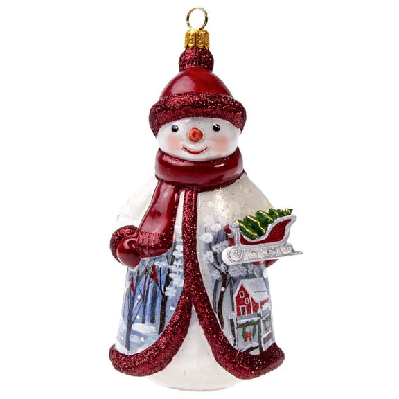 Glitterazzi Red and Silver Snowman Holding Sleigh Polish Glass Ornament