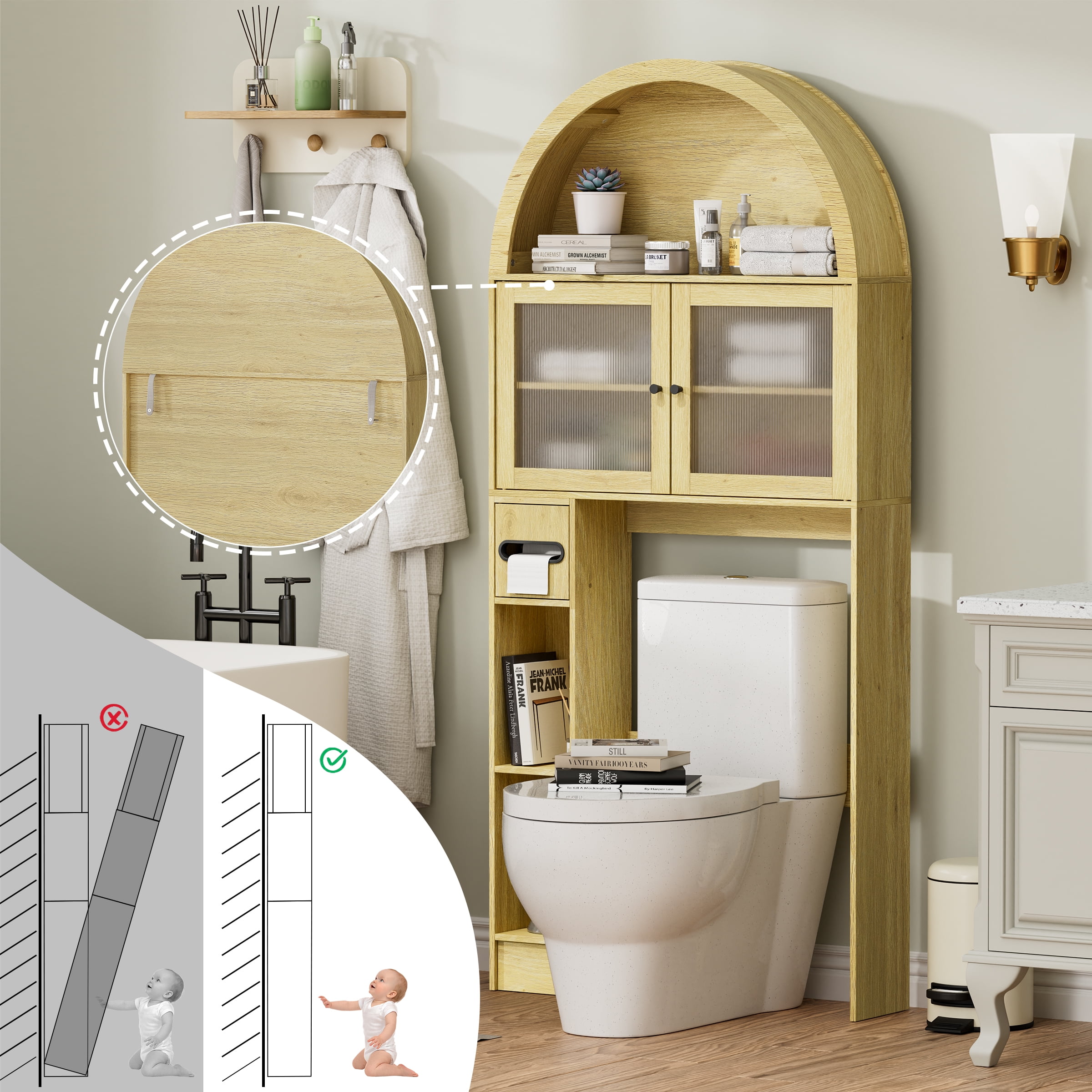 Over The Toilet Storage Cabinet, Over Toilet Cabinet 3-Tier Adjustable Shelves with Acrylic Doors, Freestanding Bathroom Organizer for Toiletries & Towels, Modern Arched Design Oak Wood