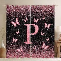 Homewish Initial P Letter Curtains Pack of 2 (42x84 Each), Black Pink Sequin Print Curtains Blackout, Romantic Butterfly Animal Bedroom Curtains, Living Room Curtains Decor