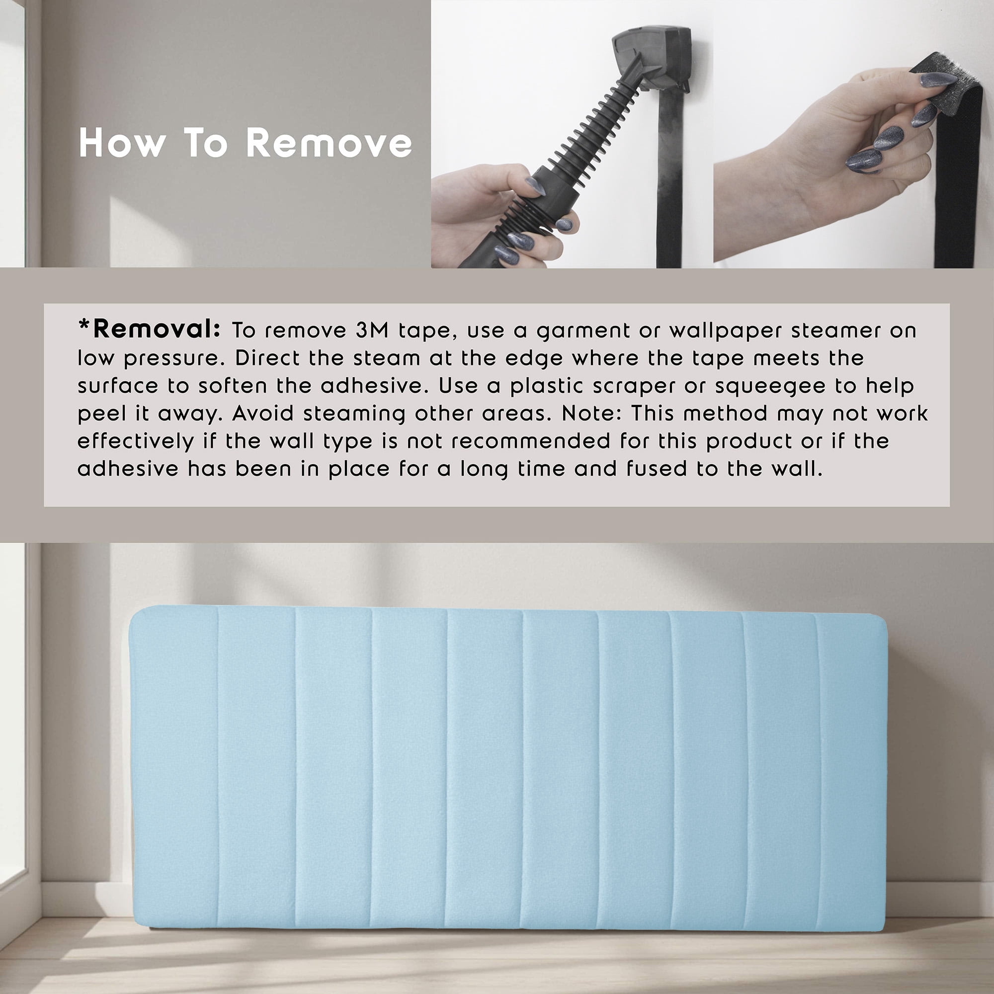 Virtu Upholstered Queen Headboard No Tools Required Peel and Stick Bed Headboard Only, Ice Blue