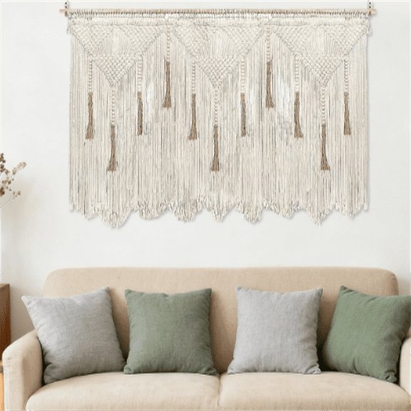 Wall Hanging 70.8" × 39" Boho Tapestry Woven Decor- Cotton Tassel Curtain Beige Chic Bohemian Wall Art for Home Living Room Bedroom Dorm Wedding (Includes Rod)
