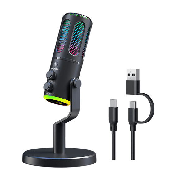 Loudstar Acoustics Podcast Microphone USB Desktop Microphone, RGB Breath Lights, Condenser Mic with Denoise, Echo Control for Gaming, Streaming, Recording