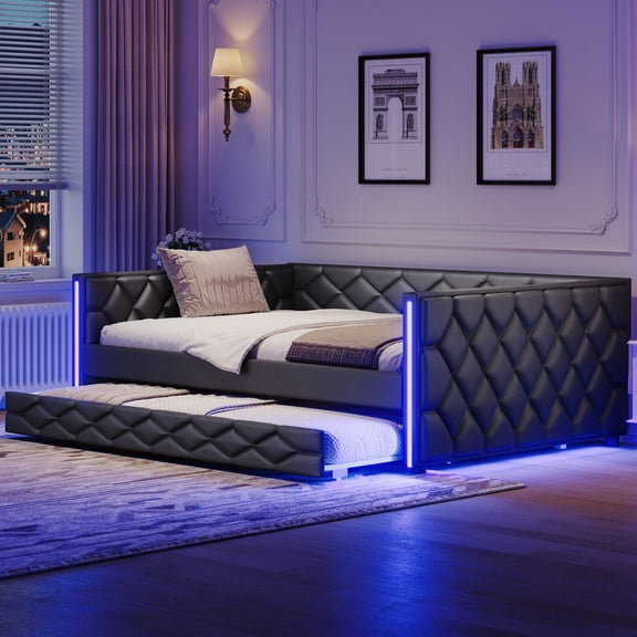 LUMAMIN Full XL Size Daybed with Trundle, Multi-Purpose Upholstered Day Bed Sofa Bed Frame w/LED Armrests for Living Room, Guest Room, or Dorm, Black