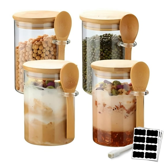 TURJGKSG 4-Pack Glass Containers with Bamboo Lids,Clear Food Storage Jar for Kitchen,Candy, Spices, Coffee Beans,Oats,18.5OZ