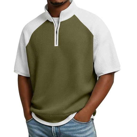 Hearthz Waffle 1/4 Zip Pullover Mens Patchwork Raglan Men's Short-Sleeve Shirt Gym Workout Running Baseball Jersey Green XXL