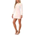 thumbnail image 4 of Vestido de lentejuelas para mujer Inspire Chic, con mangas de linterna, cuello redondo, ajustado, mini vestido, XS, blanco, 4 of 6