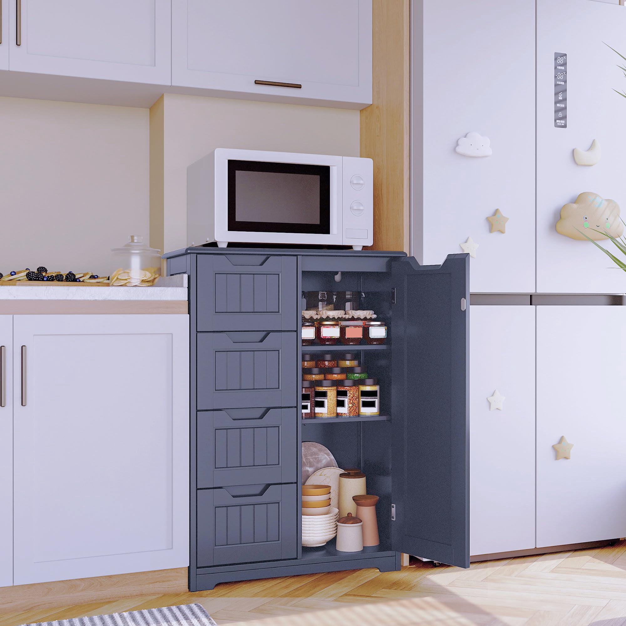 Aiho 33" Freestanding Pantry Cabinet with Door, Shelves & 4 Drawers - Kitchen & Dining Storage, Gray