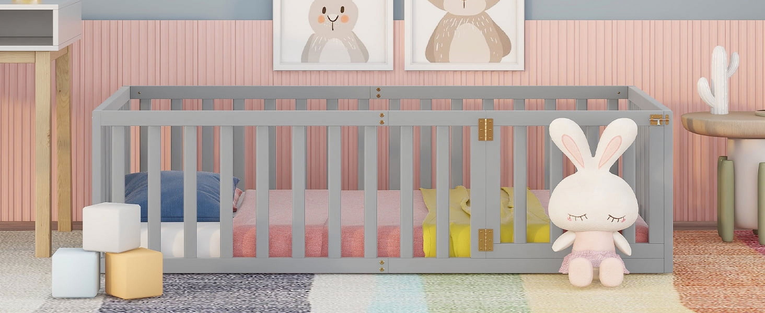 Mintazer Twin Floor Bed with Guardrails & Hinged Gate Door, Montessori Toddler Floor Bed Frame for Kids, Gray