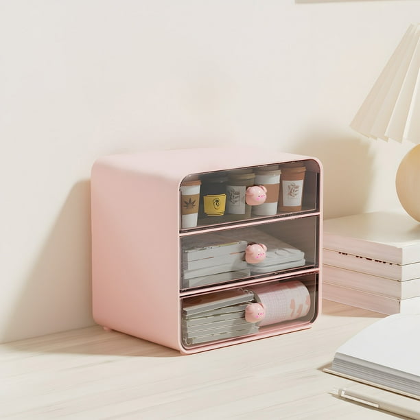 Organizador de escritorio con 3 cajones, caja de plástico para guardar artículos de papelería y maquillaje, blanco o rosa, diseño compacto que ahorra espacio para dormitorios, escritorios de