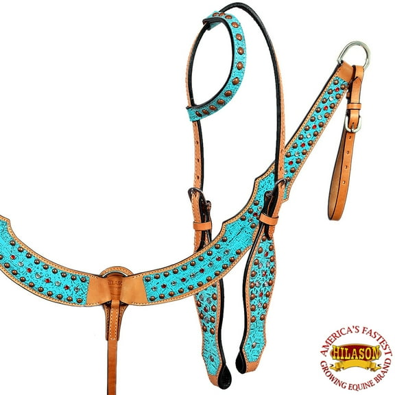 hilason western leather horse one ear headstall breast collar turquoise crocodil