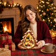 thumbnail image 3 of Lighted Christmas Tree Shaped Wooden House Decoration with Internal Led Lights and Snowy Village Scene, Brown and White, for Indoor Tabletop Display, Christmas Ornament, 3 of 4
