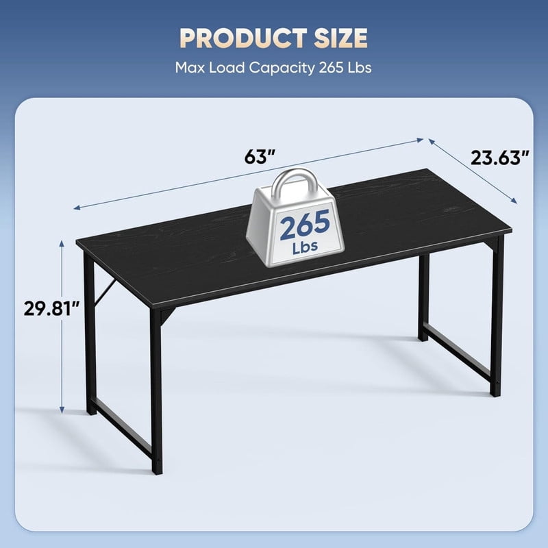 Kelno 63" Computer Desk Gaming Table Home Office Writing Study Workstation with Sturdy Metal Frame, Black