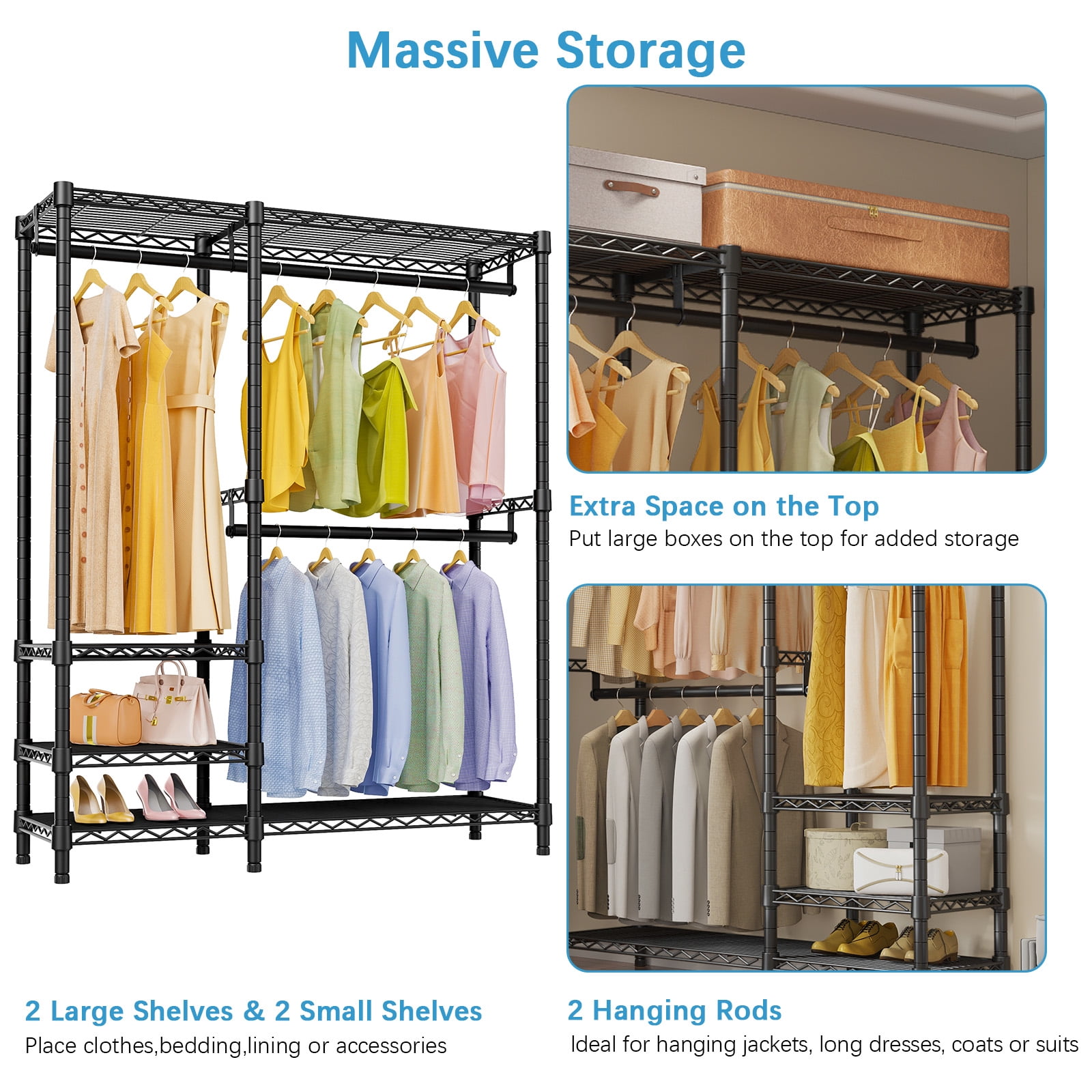 VIPEK V2i Heavy Duty Garment Rack, 700LB Capacity Portable Closet System with 4 Adjustable Shelves & 2 Hanging Rods, Freestanding Wardrobe,Black