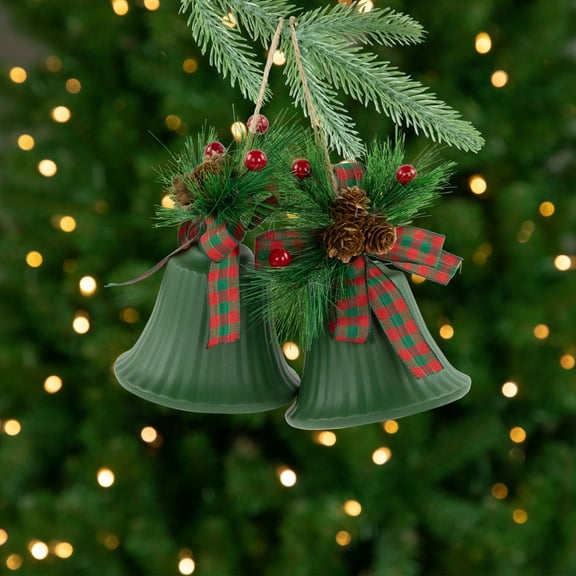 Northlight Christmas Bells with Pinecones and Plaid Bow Ornaments - 7" - Green - Set of 2