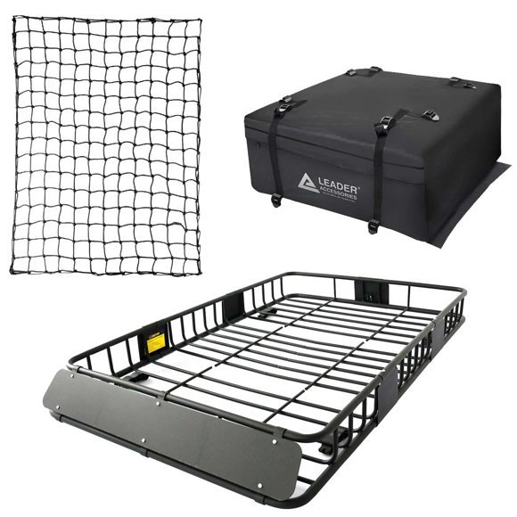 Leader Accessories Roof Rack Cargo Basket Set, Cargo Carrier Bag 15 Cubic Feet Capacity with Car Top Luggage Holder Adjustable Length 43/64 inches Cargo Net 3' x 4' for SUV, Van, Sedan,Jeep