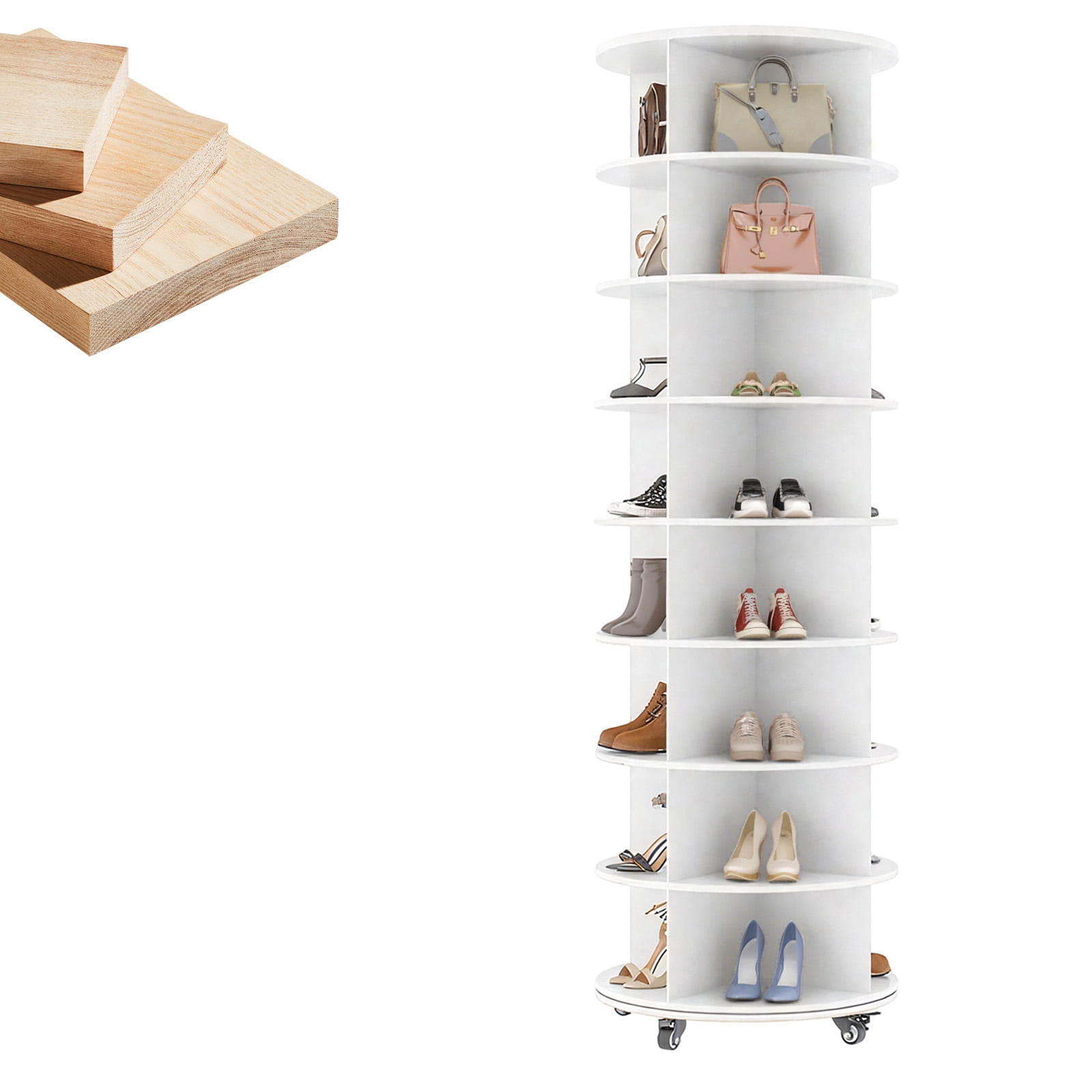 AECOJOY 8-Tier Rotating Shoe Rack with 4 Casters, 360° Spinning Organizer for Closet Storage, White