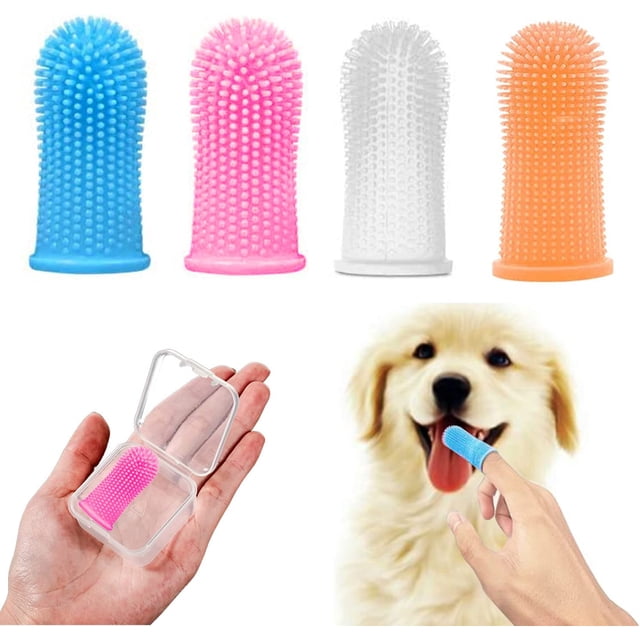 Paquete de 4 cepillos de dientes para perros, kit de cepillo de dientes de dedo, cerdas totalmente envueltas, fácil limpieza dental, cuidado dental para cachorros, gatos y mascotas pequeñas.